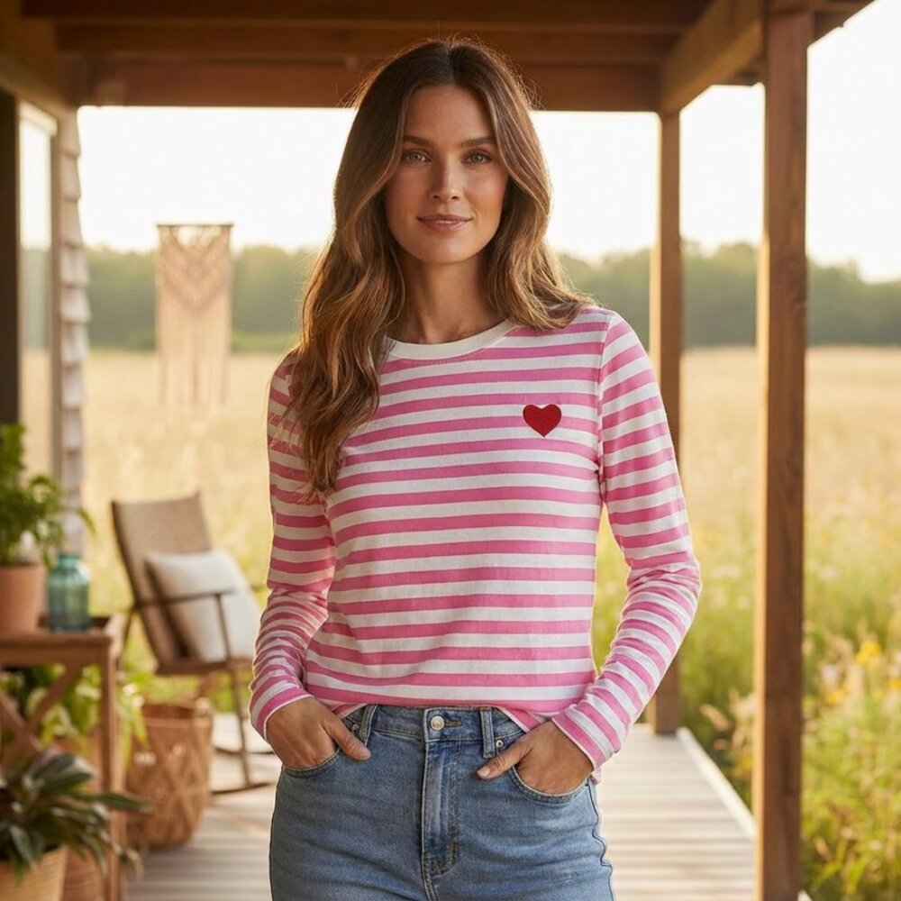 NEW Loft SP Neon Pink Striped Embroidered Heart Tee Knit Top Twee Coquette‎